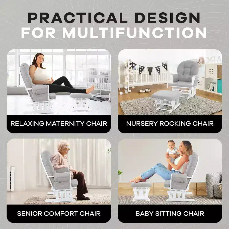 Home Imports Emporium Juego de mecedora y otomana. Mecedora de movimiento suave, silla ergonómica de respaldo alto con reposabrazos acolchados y bolsillos de almacenamiento.