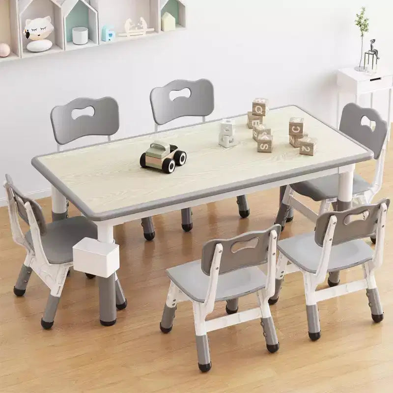 Juego de mesa y 6 sillas para niños con caja de almacenamiento, juego de mesa y sillas para niños pequeños con altura ajustable para edades de 2 a 10 años