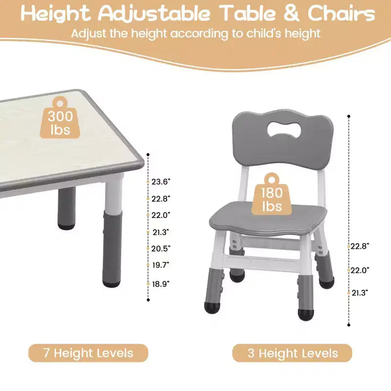 Juego de mesa y 6 sillas para niños con caja de almacenamiento, juego de mesa y sillas para niños pequeños con altura ajustable para edades de 2 a 10 años