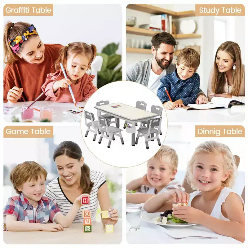 Juego de mesa y 6 sillas para niños con caja de almacenamiento, juego de mesa y sillas para niños pequeños con altura ajustable para edades de 2 a 10 años