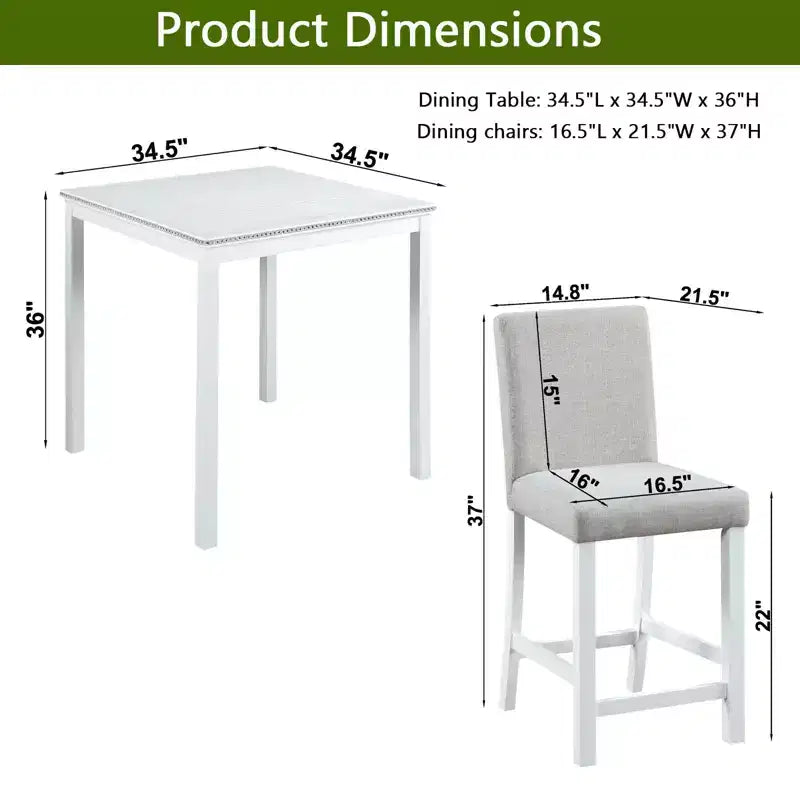 Juego de comedor de 5 piezas a la altura de la encimera: mesa cuadrada de madera, 4 sillas tapizadas con decoración de cristal, ideal para cocina
