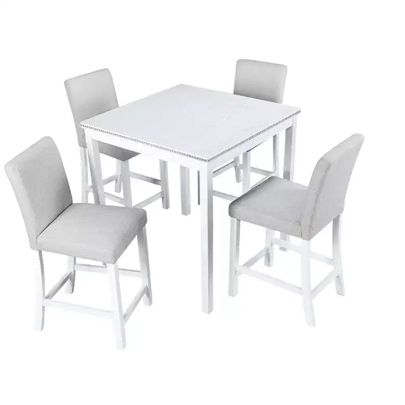 Juego de comedor de 5 piezas a la altura de la encimera: mesa cuadrada de madera, 4 sillas tapizadas con decoración de cristal, ideal para cocina