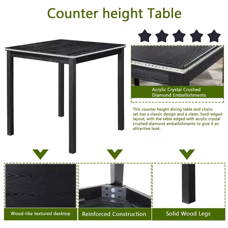 Juego de comedor de 5 piezas a la altura de la encimera: mesa cuadrada de madera, 4 sillas tapizadas con decoración de cristal, ideal para cocina