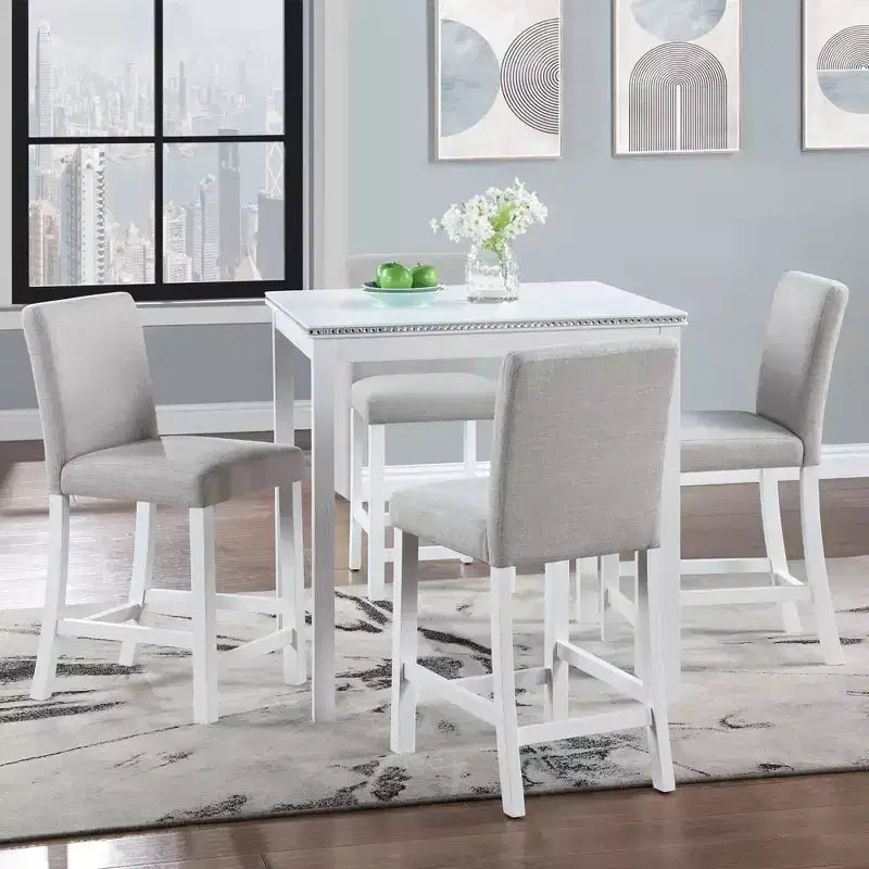 Juego de comedor de 5 piezas a la altura de la encimera: mesa cuadrada de madera, 4 sillas tapizadas con decoración de cristal, ideal para cocina
