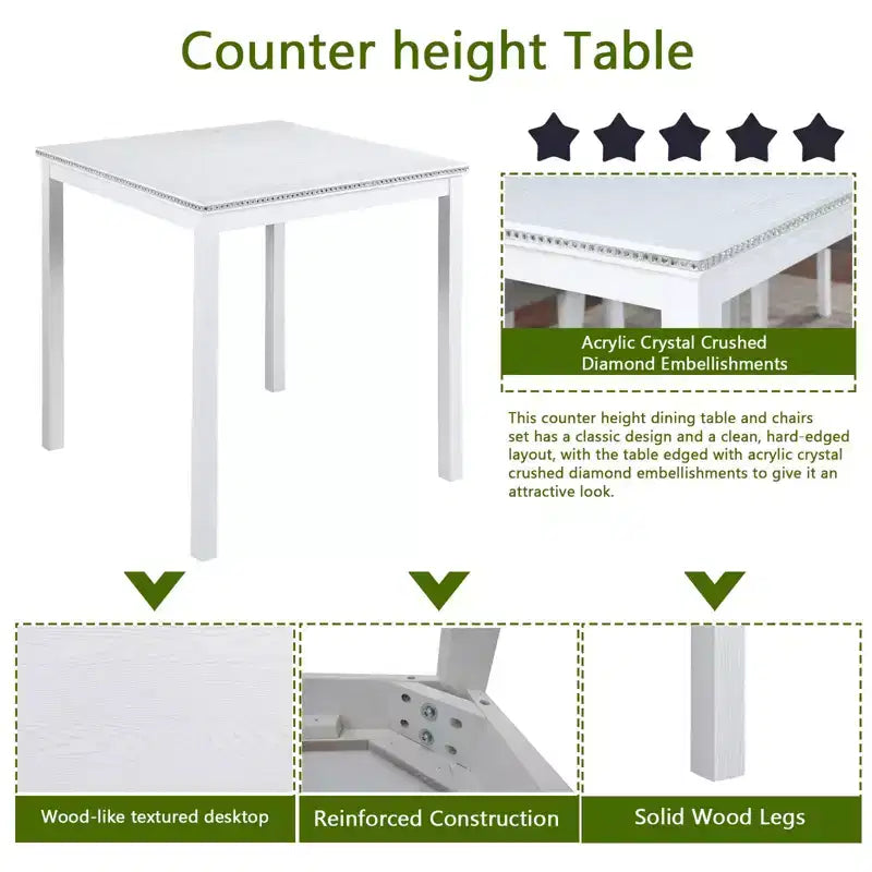 Juego de comedor de 5 piezas a la altura de la encimera: mesa cuadrada de madera, 4 sillas tapizadas con decoración de cristal, ideal para cocina