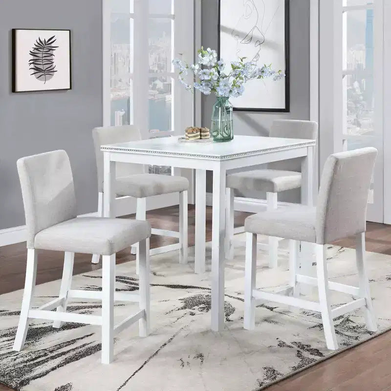 Juego de comedor de 5 piezas a la altura de la encimera: mesa cuadrada de madera, 4 sillas tapizadas con decoración de cristal, ideal para cocina