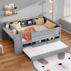 Cama nido doble multifuncional Whisen con cajones y cama extraíble, almacenamiento en el cabecero y mesas, estación de carga USB