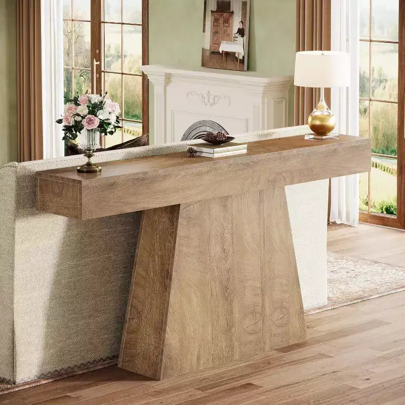 Mesa consola de granja de 63 pulgadas con base trapezoidal para entrada, pasillo, sala de estar