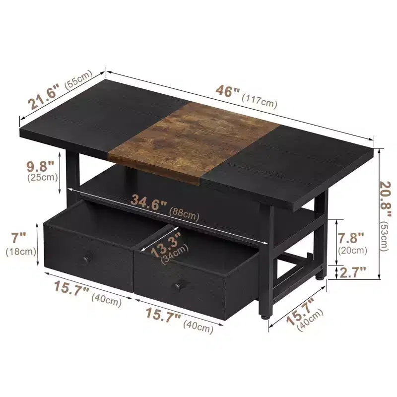 Mesa de centro de 2 niveles con estante de almacenamiento y 2 cajones para sala de estar