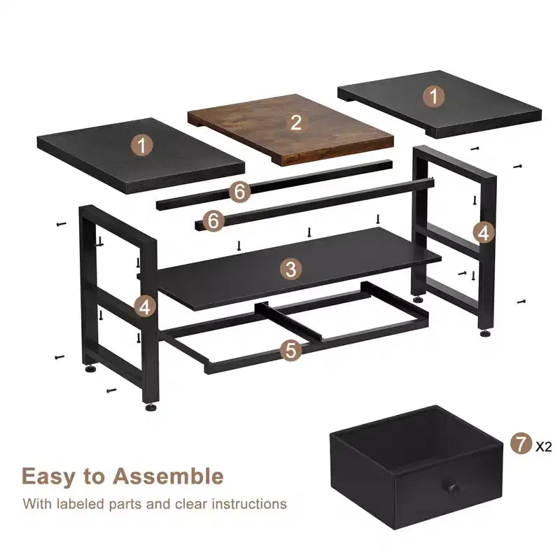 Mesa de centro de 2 niveles con estante de almacenamiento y 2 cajones para sala de estar