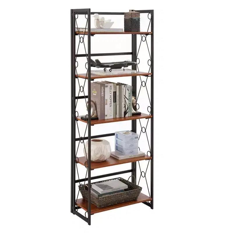 Estantería plegable VECELO, estantería de 5 niveles, estante alto industrial para sala de estar, marrón/nogal/marrón antiguo
