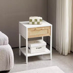 Mayeerty 15.74 Mesa auxiliar de ratán con cajón, mesita de noche moderna, patas de metal, mesa auxiliar para sala de estar, dormitorio, blanco