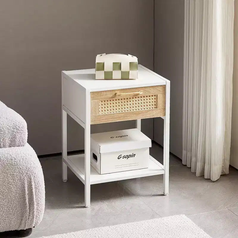 Mayeerty 15.74 Mesa auxiliar de ratán con cajón, mesita de noche moderna, patas de metal, mesa auxiliar para sala de estar, dormitorio, blanco