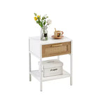 Mayeerty 15.74 Mesa auxiliar de ratán con cajón, mesita de noche moderna, patas de metal, mesa auxiliar para sala de estar, dormitorio, blanco