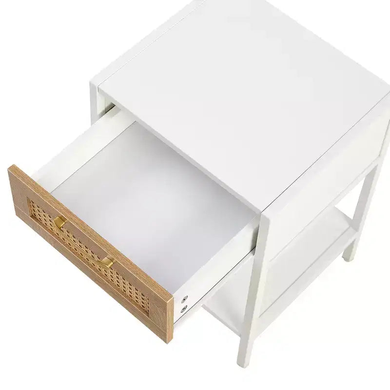 Mayeerty 15.74 Mesa auxiliar de ratán con cajón, mesita de noche moderna, patas de metal, mesa auxiliar para sala de estar, dormitorio, blanco