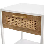 Mayeerty 15.74 Mesa auxiliar de ratán con cajón, mesita de noche moderna, patas de metal, mesa auxiliar para sala de estar, dormitorio, blanco