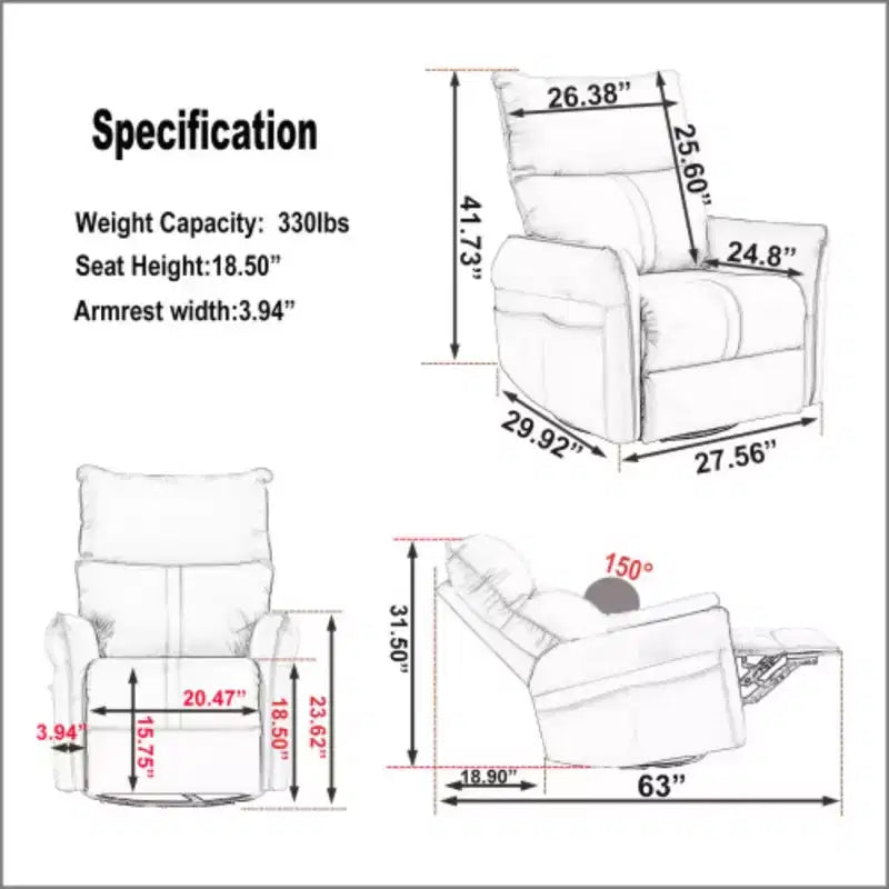 Sillón reclinable eléctrico giratorio mecedor de 270 grados, sofá reclinable eléctrico deslizante de cuero sintético con puerto USB