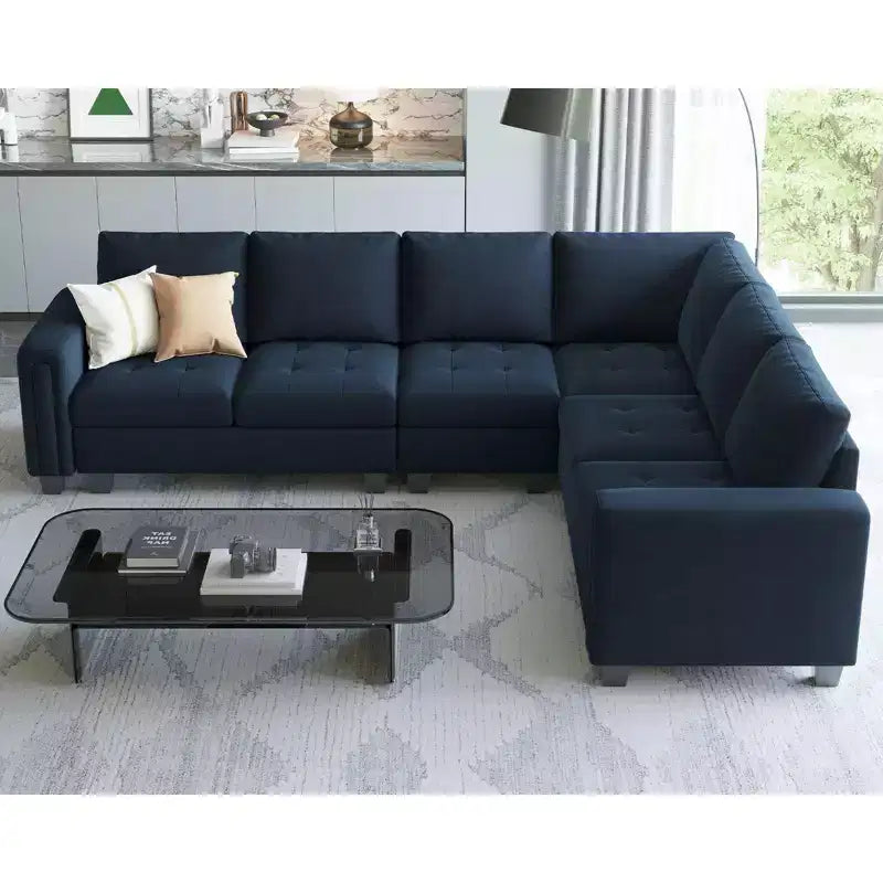 Sofá modular en forma de L tapizado en terciopelo con otomana de almacenamiento, 6 plazas