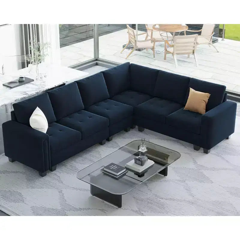 Sofá modular en forma de L tapizado en terciopelo con otomana de almacenamiento, 6 plazas