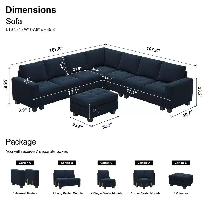 Sofá modular en forma de L tapizado en terciopelo con otomana de almacenamiento, 6 plazas