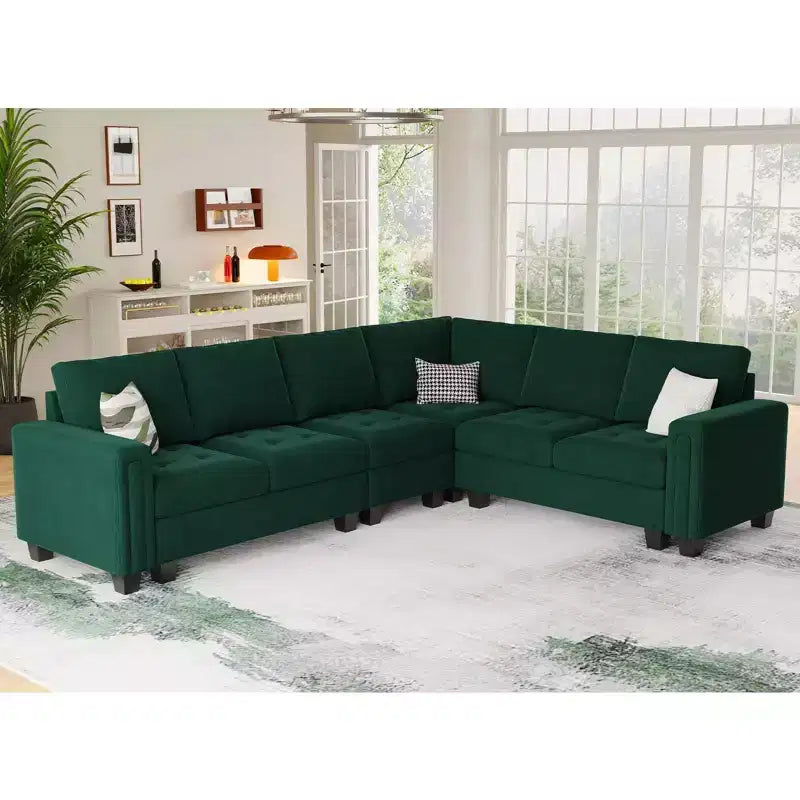 Sofá modular en forma de L tapizado en terciopelo con otomana de almacenamiento, 6 plazas