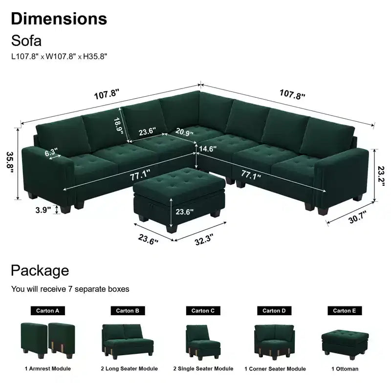 Sofá modular en forma de L tapizado en terciopelo con otomana de almacenamiento, 6 plazas
