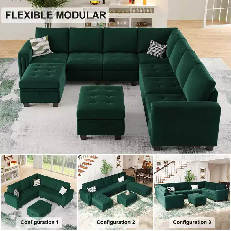 Sofá modular en forma de L tapizado en terciopelo con otomana de almacenamiento, 6 plazas