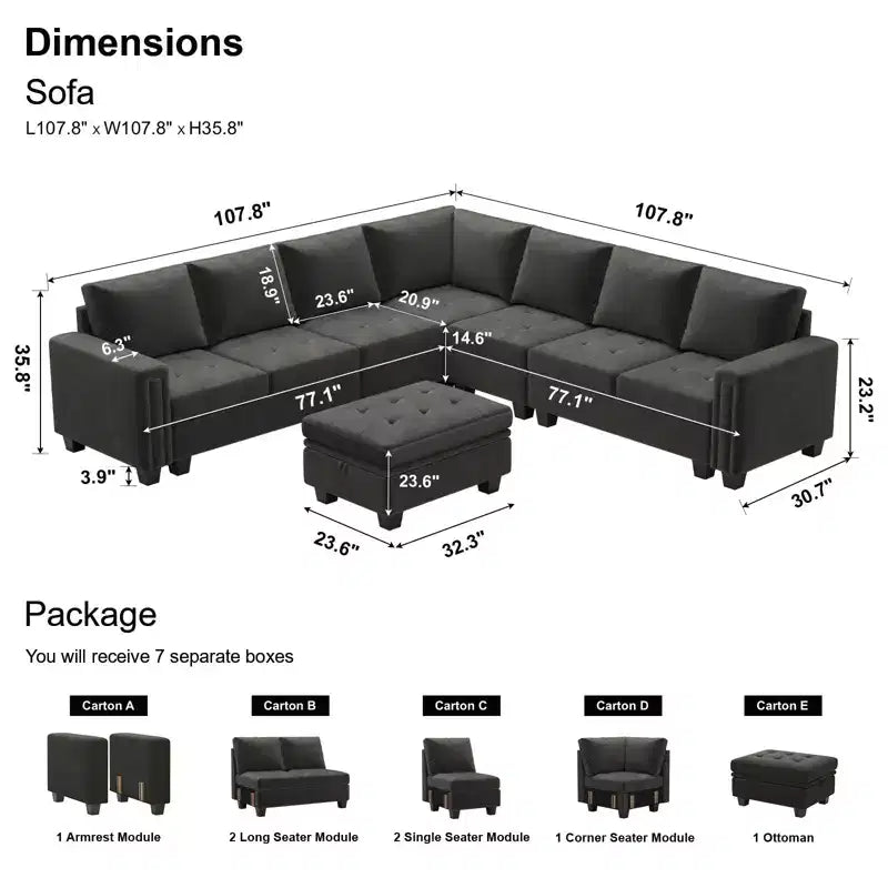 Sofá modular en forma de L tapizado en terciopelo con otomana de almacenamiento, 6 plazas