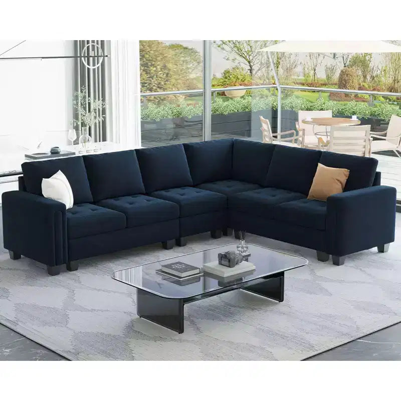 Sofá modular en forma de L tapizado en terciopelo con otomana de almacenamiento, 6 plazas