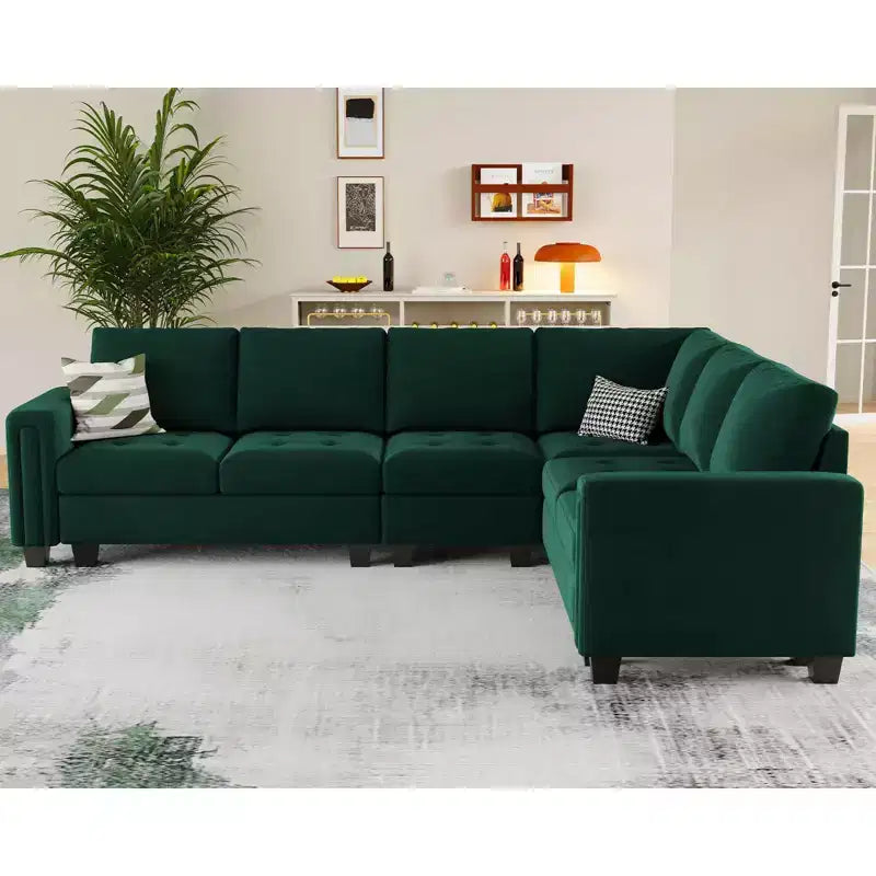 Sofá modular en forma de L tapizado en terciopelo con otomana de almacenamiento, 6 plazas