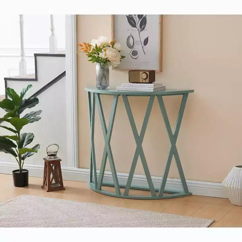 Mesa Consola de Madera Media Luna Viena para Recibidor, Mesa de Sofá Auxiliar con Diseño en X para Salón, Pasillo, Vestíbulo, Entrada