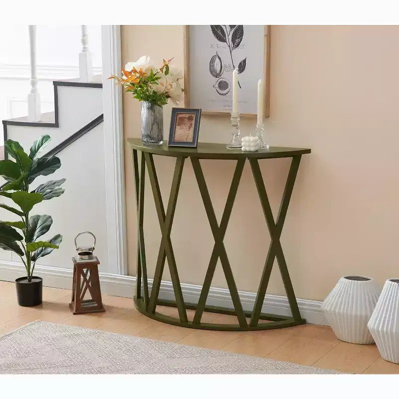 Mesa Consola de Madera Media Luna Viena para Recibidor, Mesa de Sofá Auxiliar con Diseño en X para Salón, Pasillo, Vestíbulo, Entrada