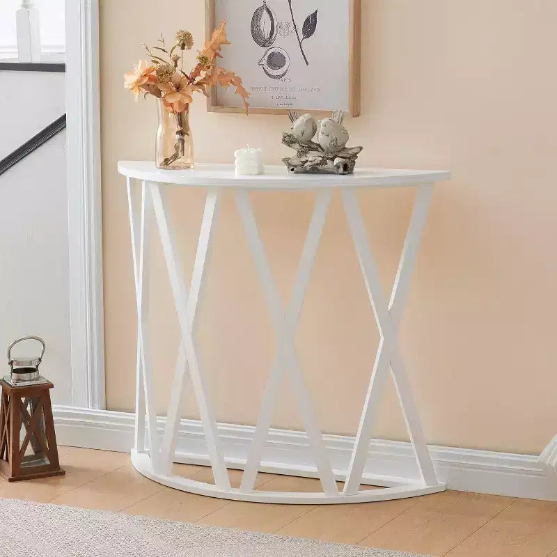 Mesa Consola de Madera Media Luna Viena para Recibidor, Mesa de Sofá Auxiliar con Diseño en X para Salón, Pasillo, Vestíbulo, Entrada