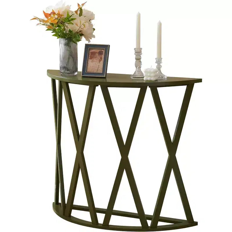 Mesa Consola de Madera Media Luna Viena para Recibidor, Mesa de Sofá Auxiliar con Diseño en X para Salón, Pasillo, Vestíbulo, Entrada