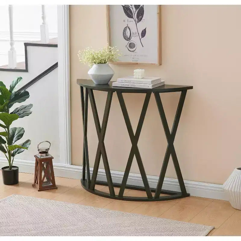 Mesa Consola de Madera Media Luna Viena para Recibidor, Mesa de Sofá Auxiliar con Diseño en X para Salón, Pasillo, Vestíbulo, Entrada