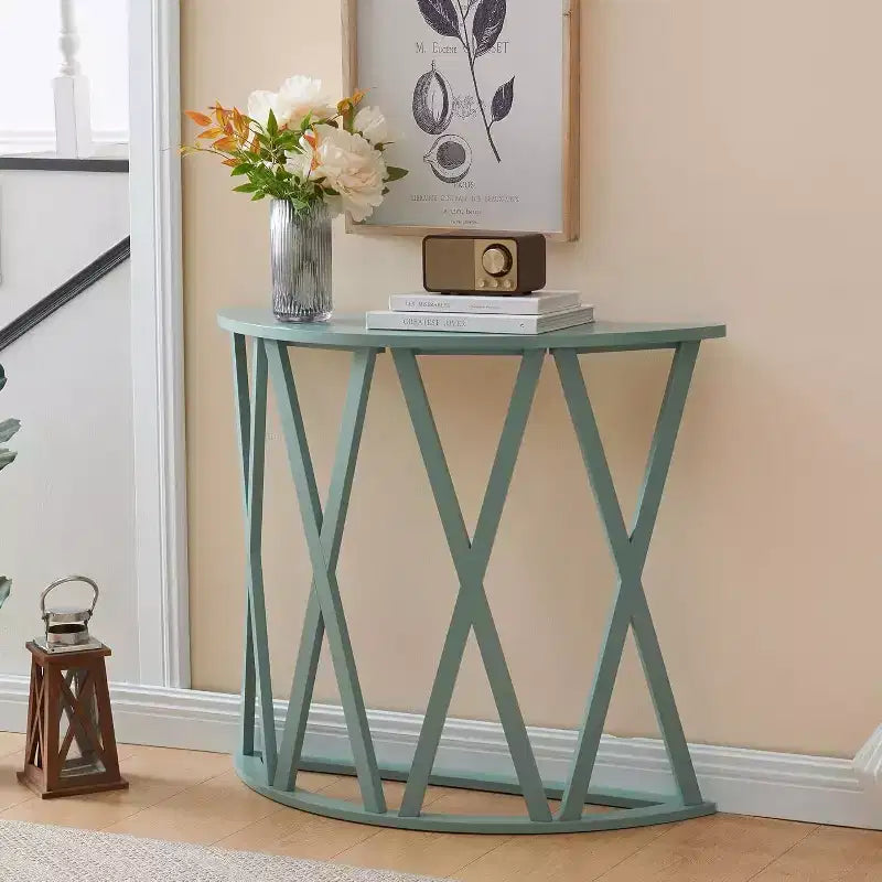 Mesa Consola de Madera Media Luna Viena para Recibidor, Mesa de Sofá Auxiliar con Diseño en X para Salón, Pasillo, Vestíbulo, Entrada