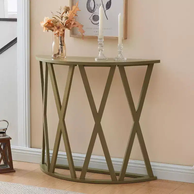 Mesa Consola de Madera Media Luna Viena para Recibidor, Mesa de Sofá Auxiliar con Diseño en X para Salón, Pasillo, Vestíbulo, Entrada