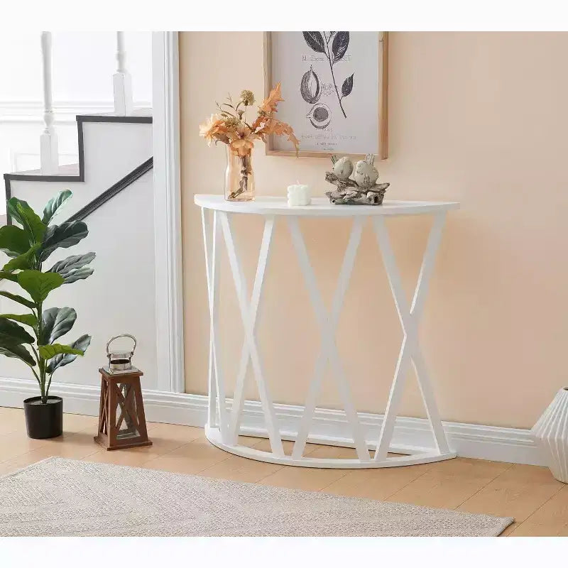 Mesa Consola de Madera Media Luna Viena para Recibidor, Mesa de Sofá Auxiliar con Diseño en X para Salón, Pasillo, Vestíbulo, Entrada