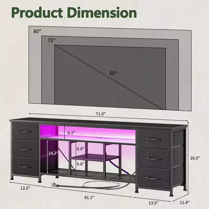 Mueble de TV de 71 pulgadas negro con cómoda, estación de carga, luces LED, 6 cajones de tela, consola multimedia de cuero PU para televisores de hasta 80 pulgadas, almacenamiento para dormitorio.