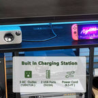 Mueble de TV de 71 pulgadas negro con cómoda, estación de carga, luces LED, 6 cajones de tela, consola multimedia de cuero PU para televisores de hasta 80 pulgadas, almacenamiento para dormitorio.