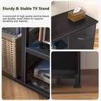 Mueble de TV de 71 pulgadas negro con cómoda, estación de carga, luces LED, 6 cajones de tela, consola multimedia de cuero PU para televisores de hasta 80 pulgadas, almacenamiento para dormitorio.