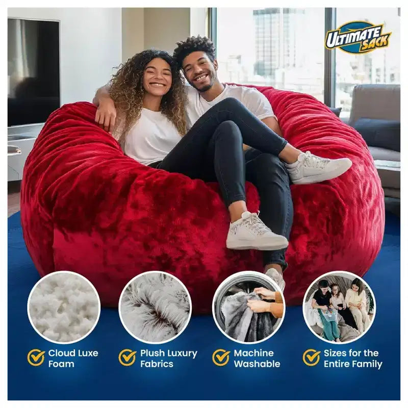 Sillón puf de 6 pies Ultimate Sack y reposapiés, diván de gran tamaño, piel sintética color marfil