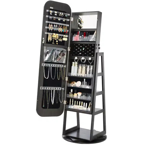 VEVOR 360 Swivel Jewelry Cabinet, 63-inch Tall, Full-Length Mirror with Storage, Standing Rotatable Jewelry Armoire Organizer,with 2 Keys, Black