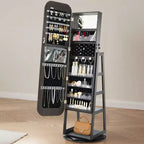 Gabinete de joyería giratorio 360, 63 pulgadas de alto, espejo de cuerpo entero con almacenamiento, organizador de joyería giratorio de pie con 2 llaves, negro