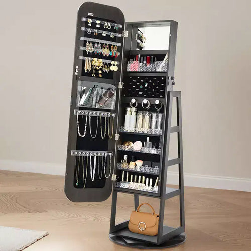 Gabinete de joyería giratorio 360, 63 pulgadas de alto, espejo de cuerpo entero con almacenamiento, organizador de joyería giratorio de pie con 2 llaves, negro
