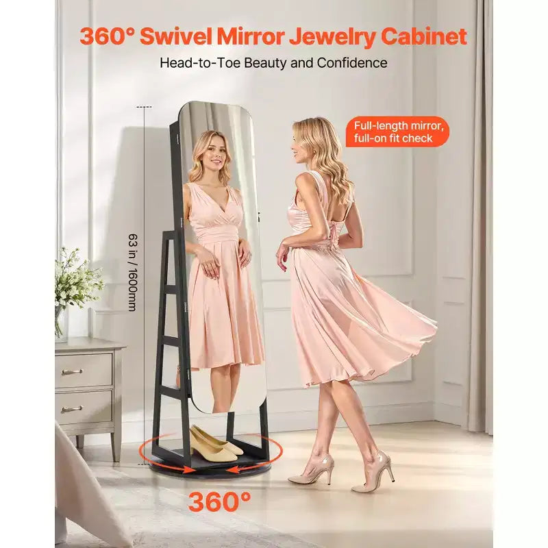 Gabinete de joyería giratorio 360, 63 pulgadas de alto, espejo de cuerpo entero con almacenamiento, organizador de joyería giratorio de pie con 2 llaves, negro