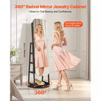 Gabinete de joyería giratorio 360, 63 pulgadas de alto, espejo de cuerpo entero con almacenamiento, organizador de joyería giratorio de pie con 2 llaves, negro