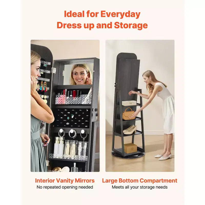 Gabinete de joyería giratorio 360, 63 pulgadas de alto, espejo de cuerpo entero con almacenamiento, organizador de joyería giratorio de pie con 2 llaves, negro