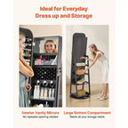 Gabinete de joyería giratorio 360, 63 pulgadas de alto, espejo de cuerpo entero con almacenamiento, organizador de joyería giratorio de pie con 2 llaves, negro