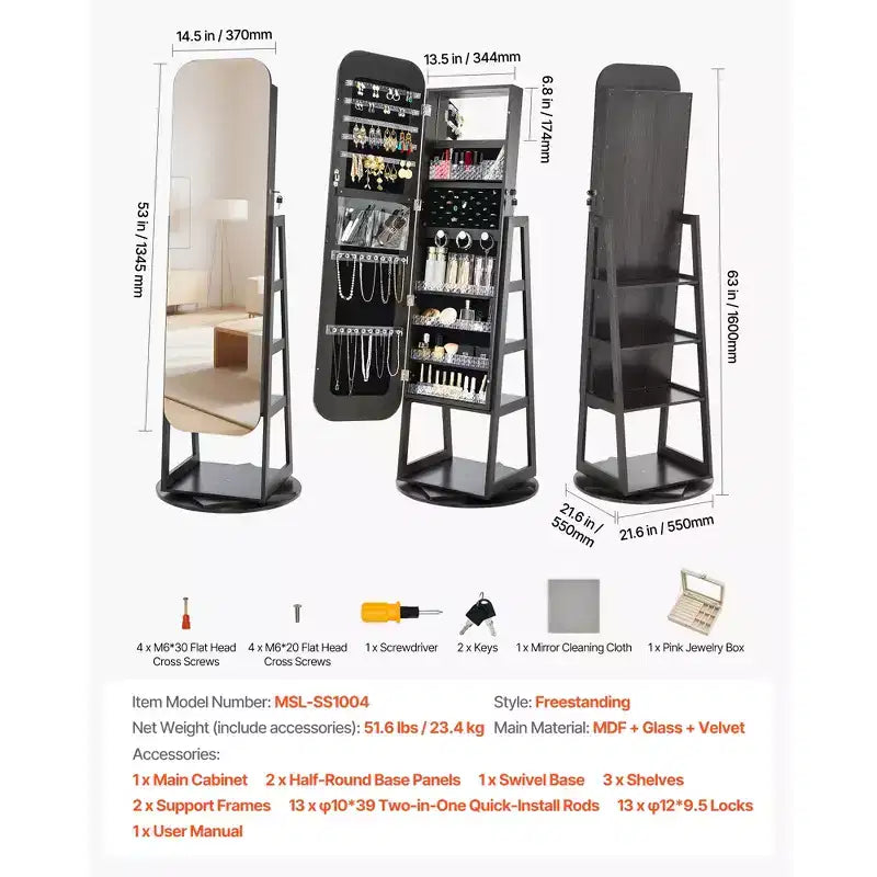 Gabinete de joyería giratorio 360, 63 pulgadas de alto, espejo de cuerpo entero con almacenamiento, organizador de joyería giratorio de pie con 2 llaves, negro